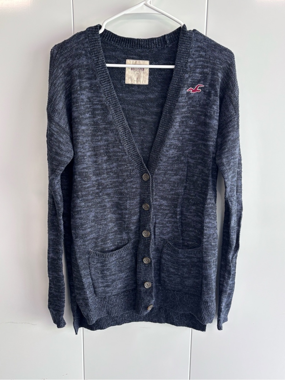 Hollister VTG Woman’s S Blue/Gray Heathered Knit V-Neck Cardigan Y2K Pockets